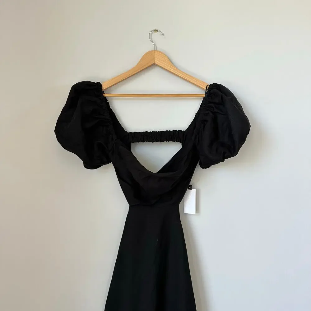 ASTR The Label Angeles Puff Sleeve Cutout Linen Dress Black S NWT - Picture 4 of 8